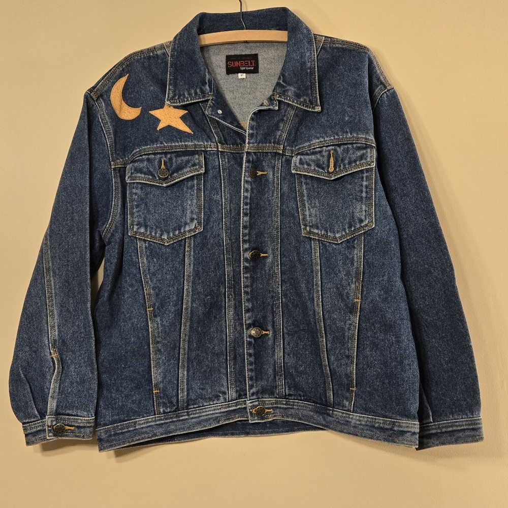 Vtg Sunbelt Sportswear Patchwork Noahs Arch Button Blue Jean Denim Jacket MD